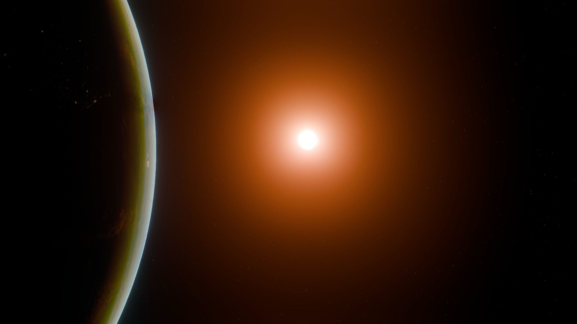 Planet horizon under a red star